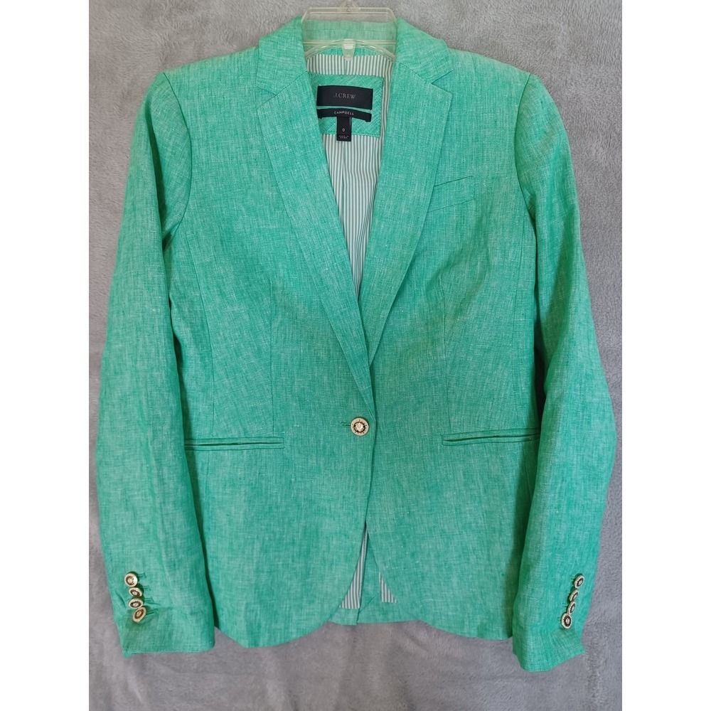 J Crew Campbell‎ Blazer Sz 0 Notch Lapel Green Linen Anchor Preppy Nautical